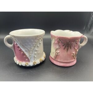 2 19th Century Antique Lusterware Mugs Cups Metallic‎ Glaze Decorative Pink